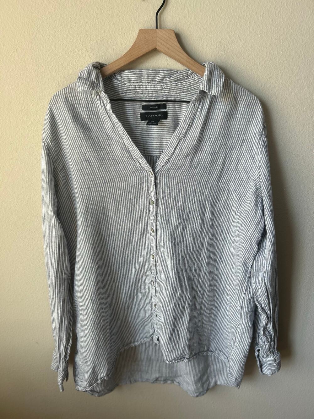Tahari Striped 100% Linen Long Sleeve Button-Up Shirt Size XL